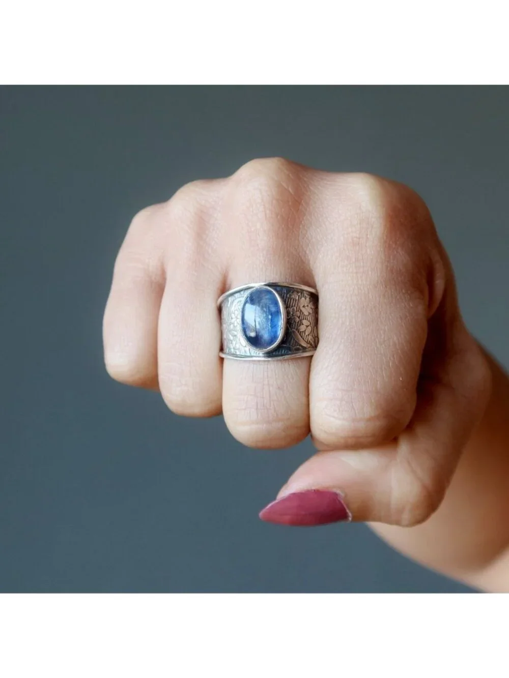 Kyanite Ring Blue Gemstone Sterling Silver Flower Band Size 9.25 Boho Jewelry Gi